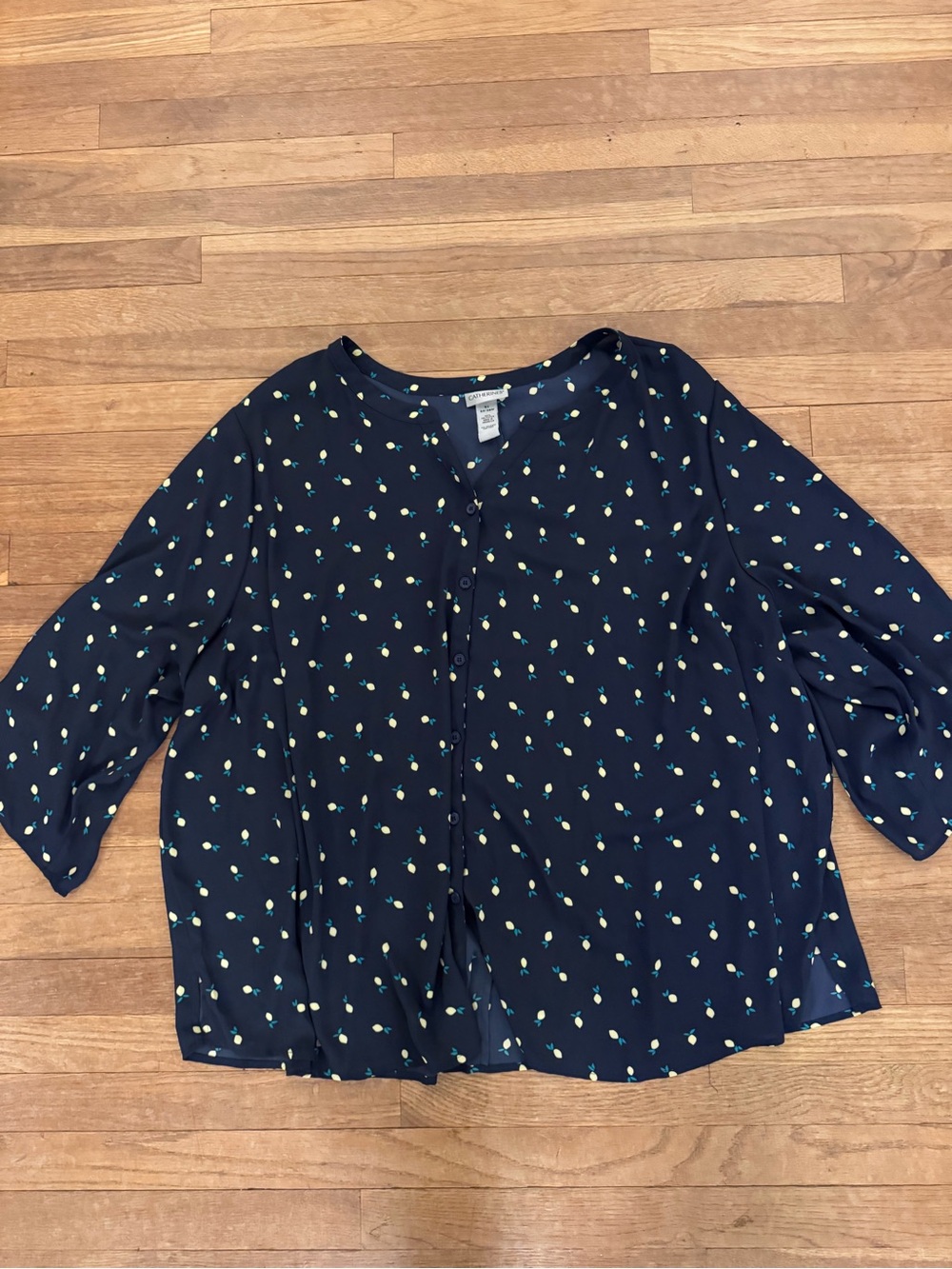 Catherines Women's Navy Blue Lemon Print Blouse - Size 5X